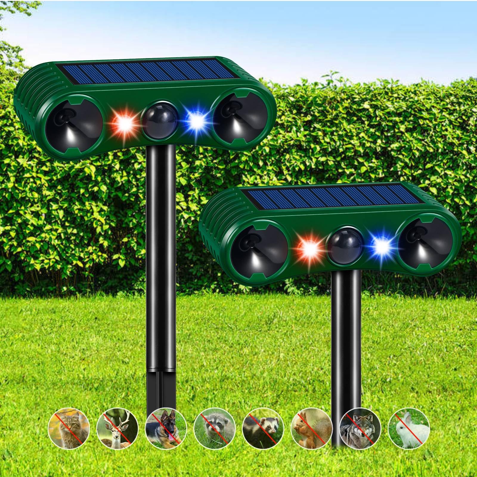 2 Pcs Solar Ultrasonic Animal Repellent, 2024 Nocturnal Animal Deterrent with Motion Detection Siren Red Blue LED Predator Light for Cat Coyote Deer Dog Bird Squirrel Skunk for Yard Lawn Chicken Coop