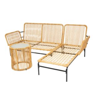 CABSETT 3-Pieces All-Weather Outdoor Patio L-Shape Sofa Set with Round Coffee Table and 3.15-inches Thick Cushion for Backyard, Poolside, Garden, Light Yellow