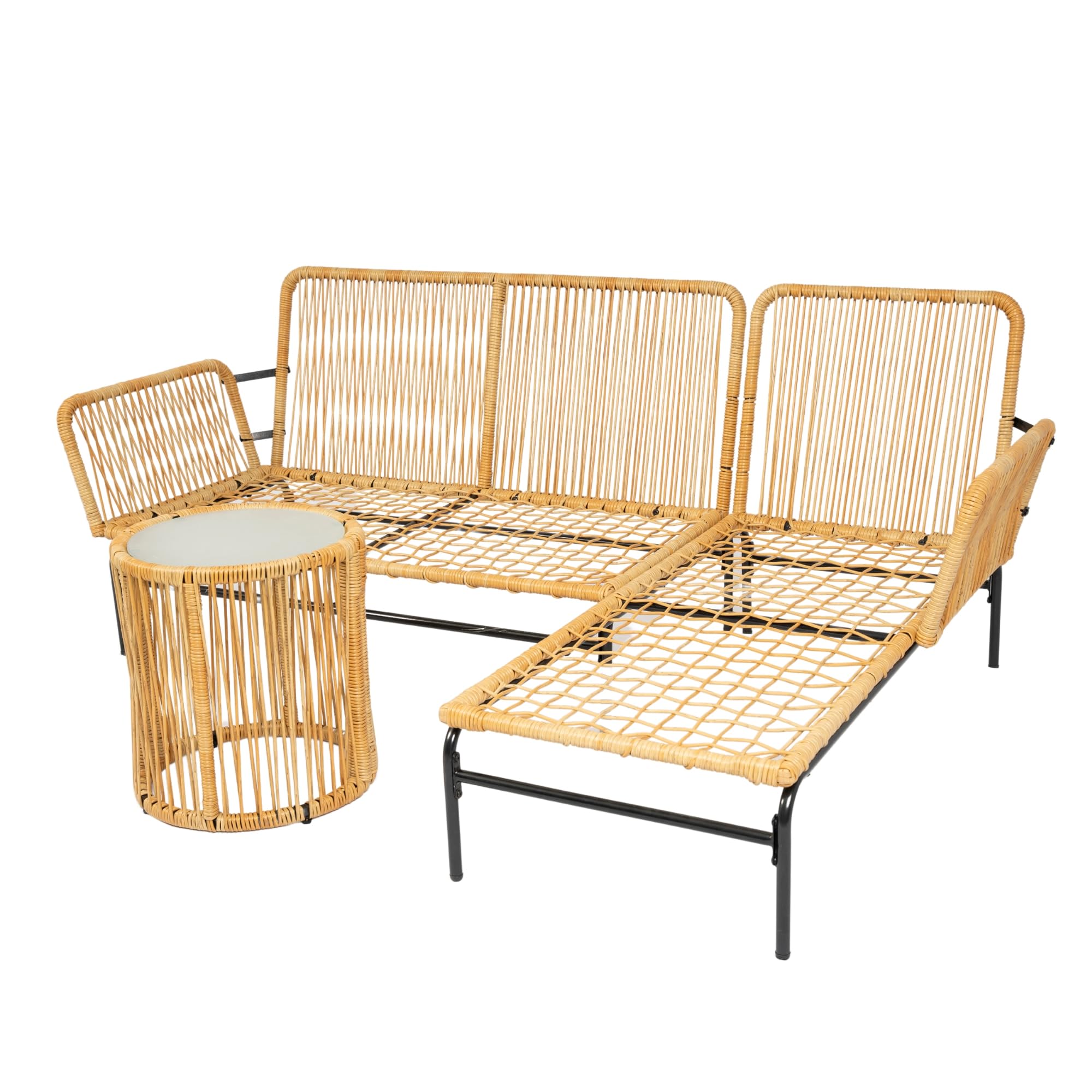 CABSETT 3-Pieces All-Weather Outdoor Patio L-Shape Sofa Set with Round Coffee Table and 3.15-inches Thick Cushion for Backyard, Poolside, Garden, Light Yellow