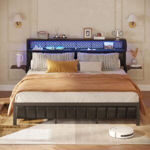 bestier queen bed frame with upholstered headboard and charging station, foldable bedside shelves storage, led metal platform bed, easy assembly, black, walnut