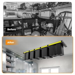 BEAMNOVA Overhead Garage Storage Rack,Heavy Duty Garage Ceiling Storage Racks Garage Tote Storage System,Ceiling Bin Rails Storage,Tote Storage Rack for Garages, Sheds, Storerooms(6 PCS, for 5 Bins)