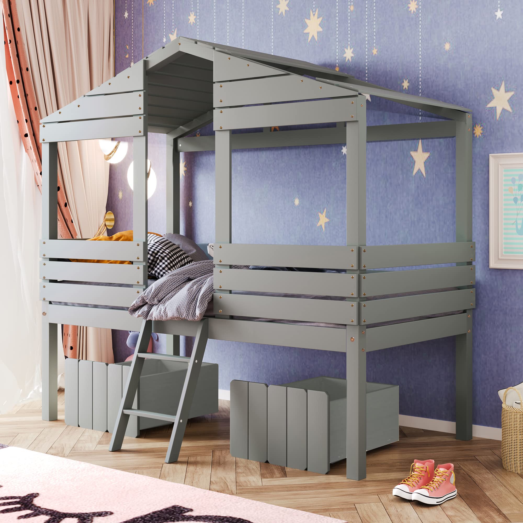 Bellemave House Twin Bed for Kids, Low Loft Bed with 2 Storage Drawers, Twin Size Low Loft House Bed with Roof and Windows, Playhouse Bed for Boys Girls, No Box Spring Needed (Gray)