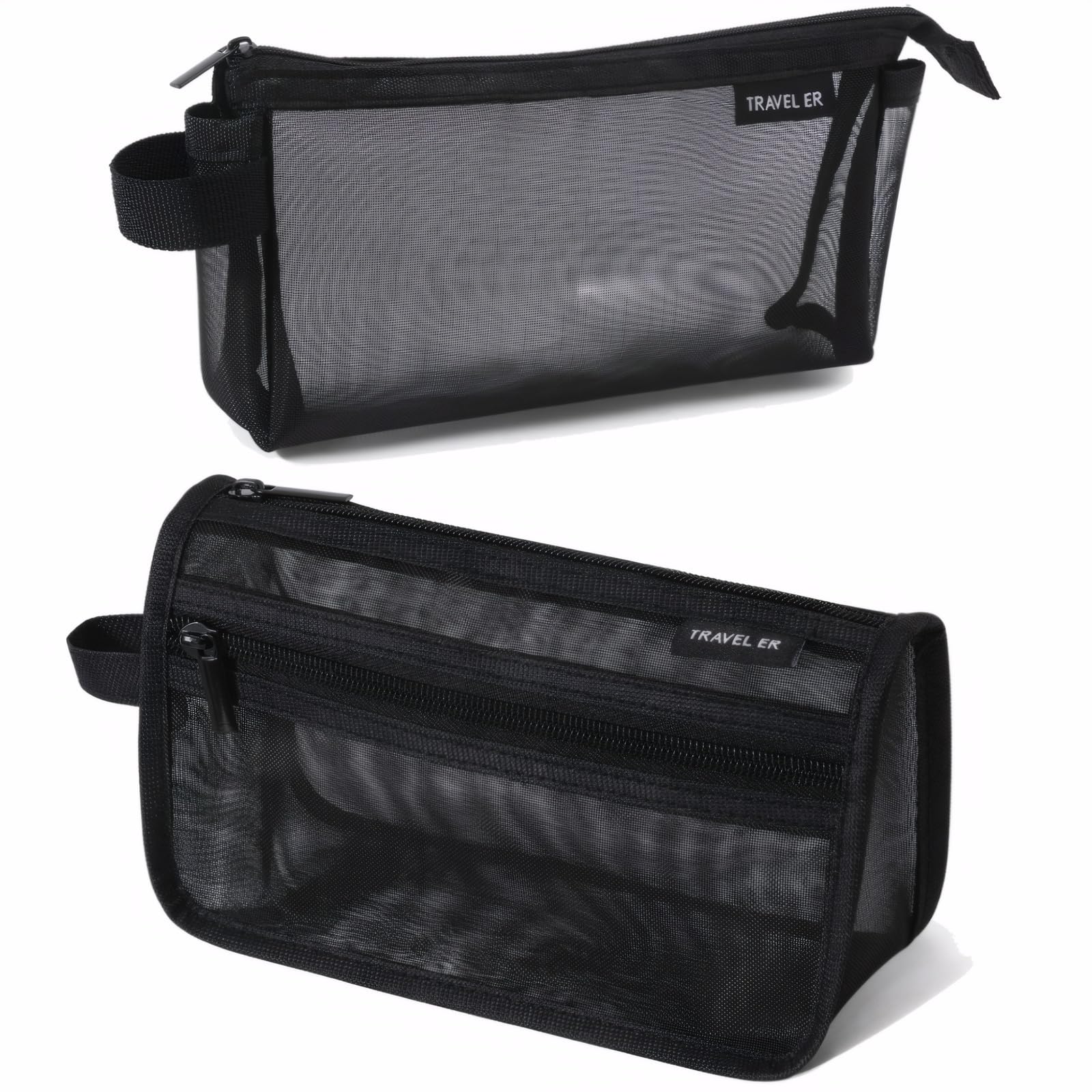 2-Pack Grid Mesh Pencil Case with Handle and Zipper, Double Layer Clear Large Capacity Pencil Pouch, Travel Makeup Bag and Small Toiletry Bag for Purse, College Essentials School Supplies (Black)