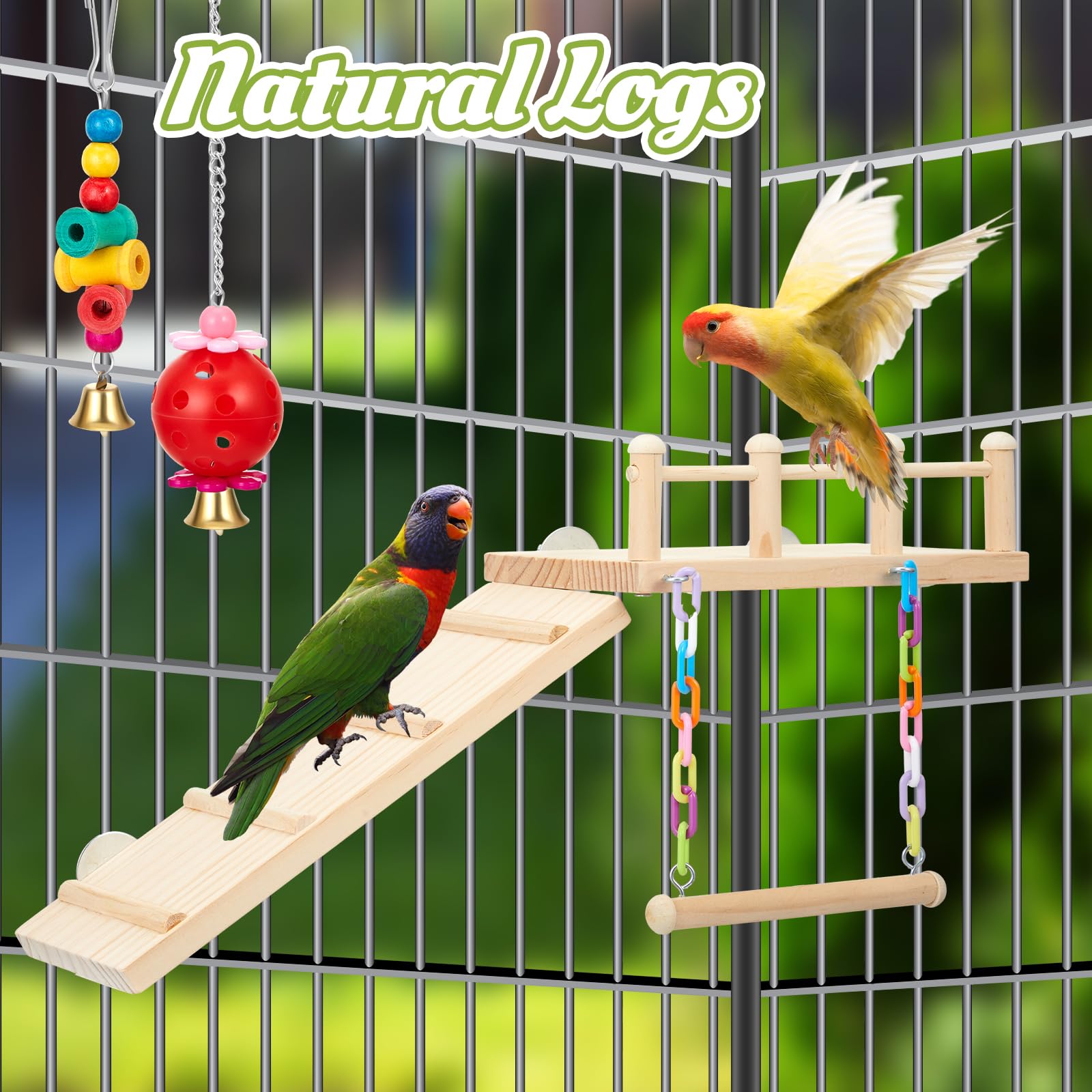 Sonwyoung 12 Pcs Parrot Swing Toys and Wooden Bird Perches Platform with Climbing Ladder Colorful Chewing Standing Hanging Parakeet Toy Bird Cage Accessories for Budgerigar Cockatiel Conure Love Birds