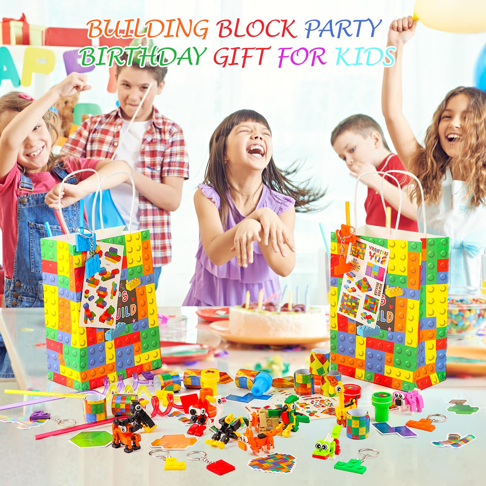 LiYiQ 134 Pcs Building Blocks Party Favors with Reusable Drinking Straws Animal Building Blocks Slap Bracelets Keychains Stamps Stickers and Gift Bags for Kids Gamer Birthday Party Supplies (Building)