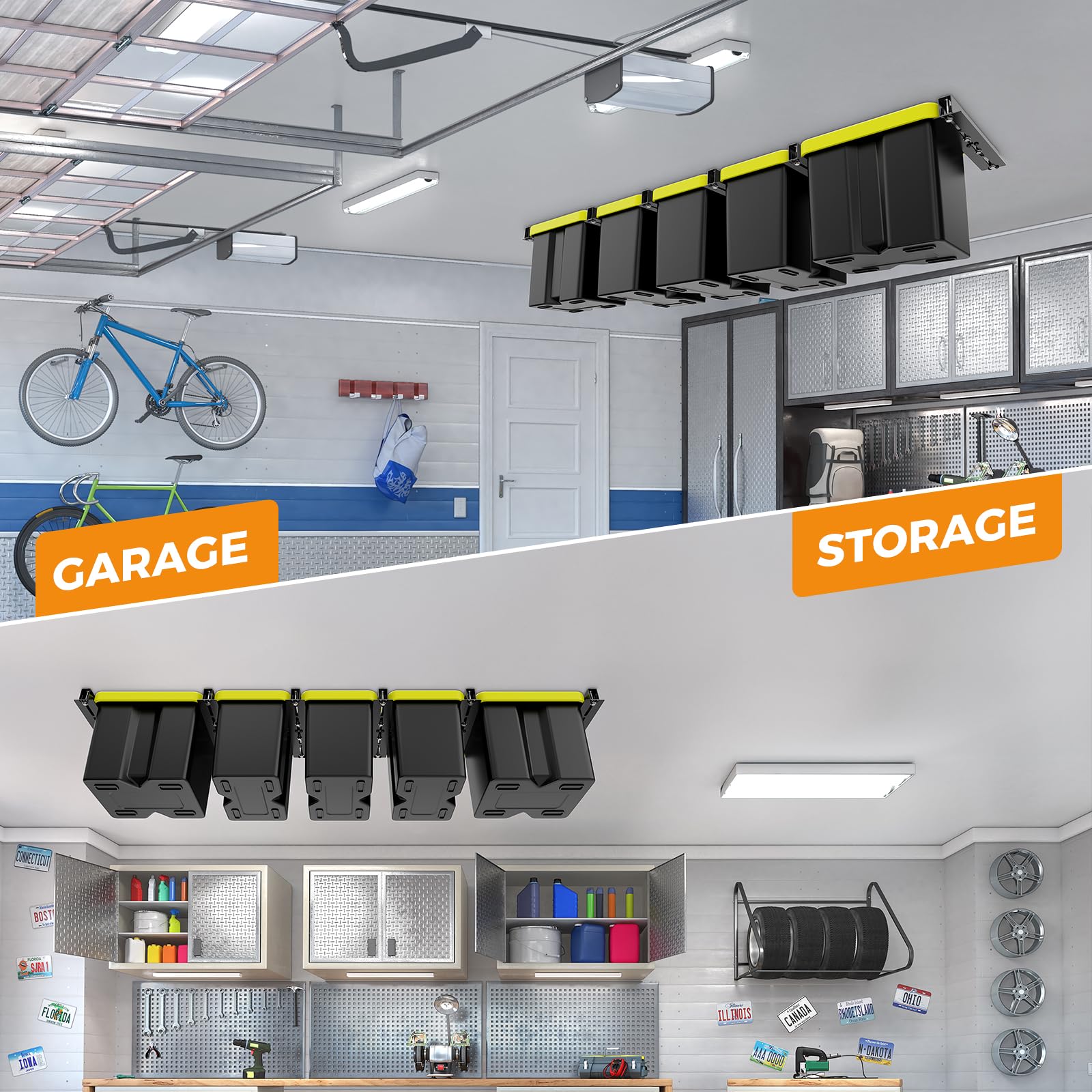 BEAMNOVA Overhead Garage Storage Rack,Heavy Duty Garage Ceiling Storage Racks Garage Tote Storage System,Ceiling Bin Rails Storage,Tote Storage Rack for Garages, Sheds, Storerooms(6 PCS, for 5 Bins)