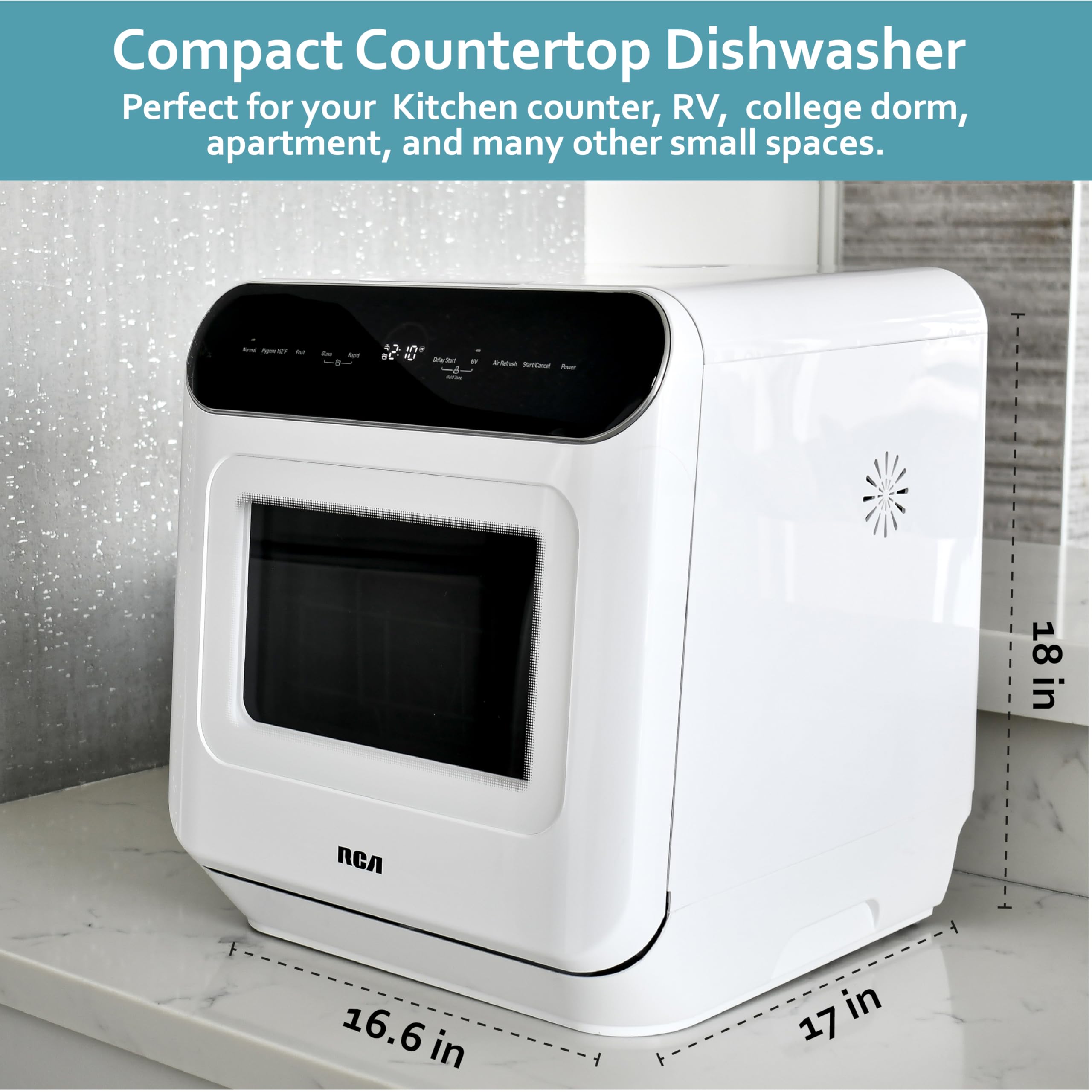 RCA Portable Countertop Dishwasher No Hookup Unit with 6-Liter Water Bank for Tabletop, Apartment, or RV, Compact Dishwashing and Drying Machine, Delay Timer, Rapid Cleaning