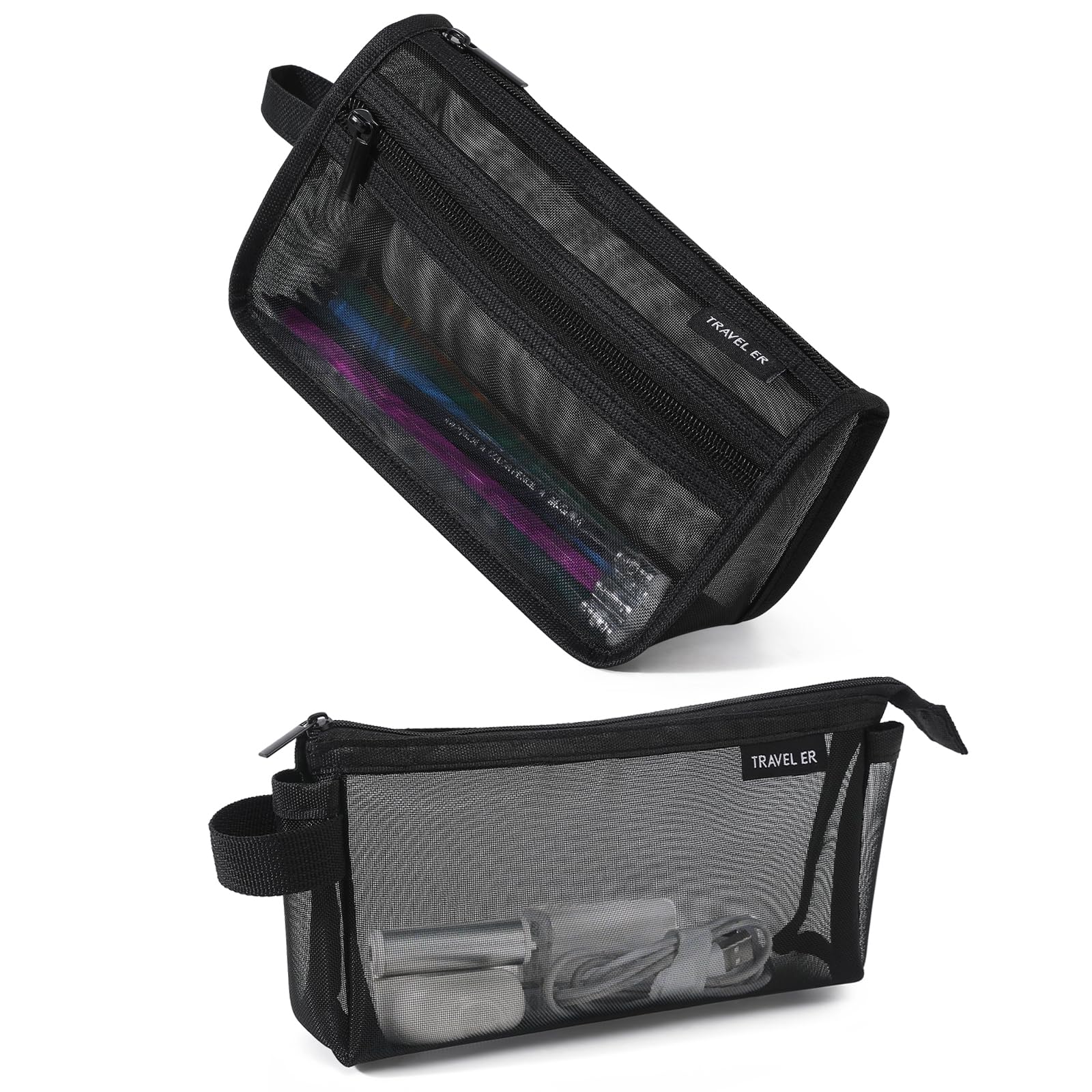 2-Pack Grid Mesh Pencil Case with Handle and Zipper, Double Layer Clear Large Capacity Pencil Pouch, Travel Makeup Bag and Small Toiletry Bag for Purse, College Essentials School Supplies (Black)