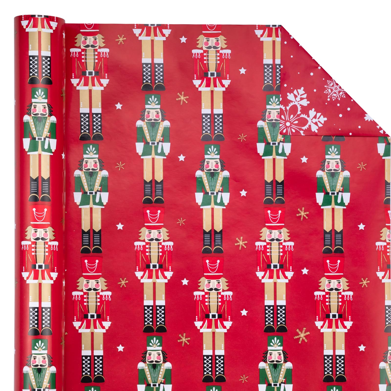 WRAPAHOLIC Reversible Nutcracker Christmas Wrapping Paper - Mini Roll - 17 Inch x 33 Feet - Red Nutcracker and Snowflake Design for Christmas, Holiday, Party Celebration