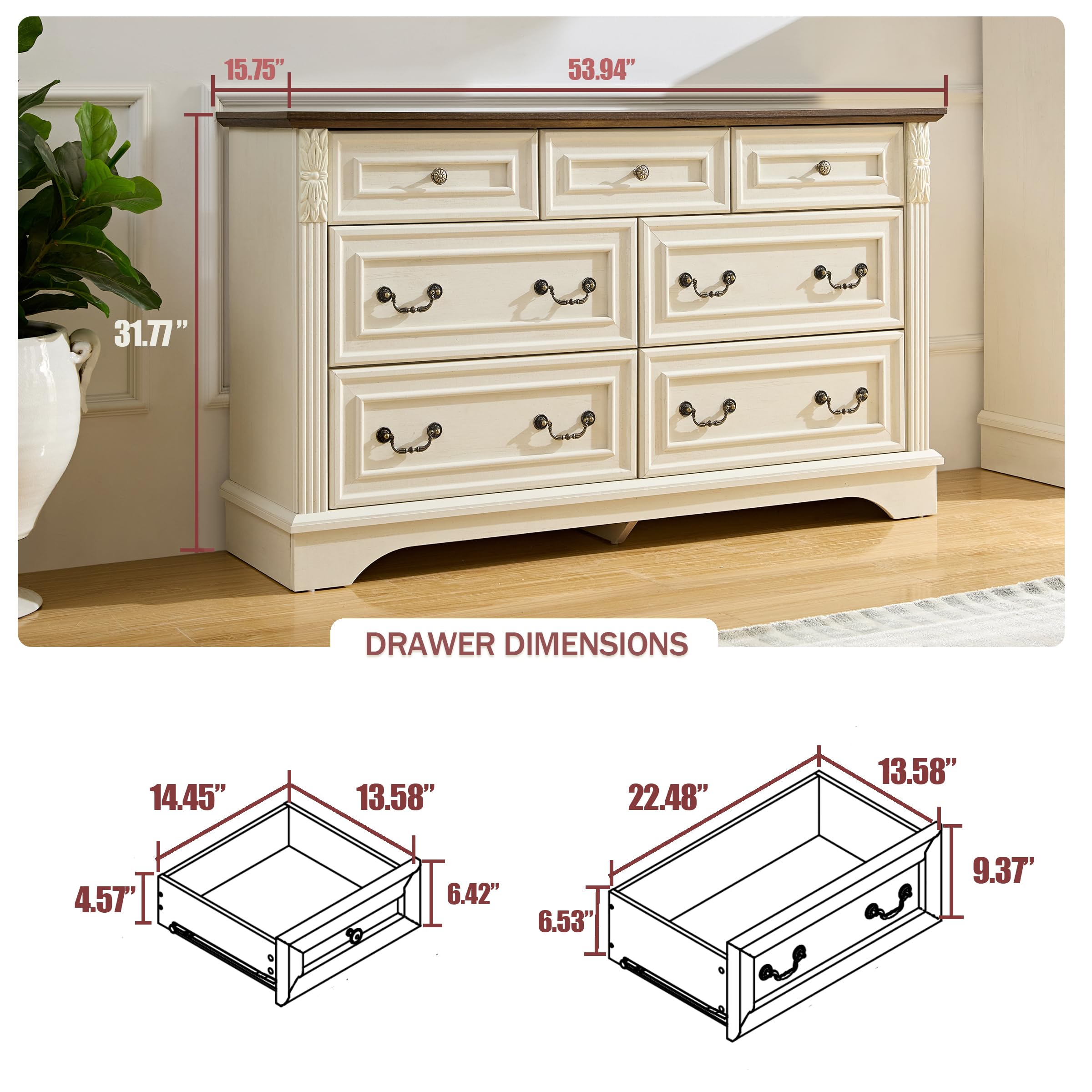 BLANKSPACE Rustic White Dresser for Bedroom,7 Drawers Dresser, Farmhouse Dresser for Living Room,7 Chest of Drawers with Thickened Wood Carving for Closet,Hallway