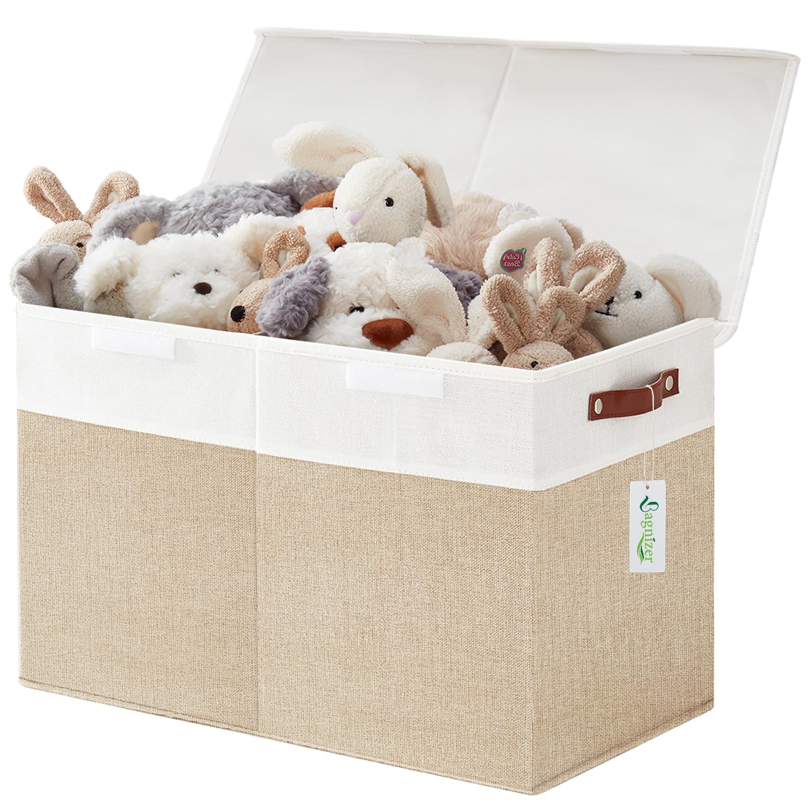 Bagnizer Large Toy Storage Box with Lids, Collapsible Sturdy Baby Storage Organizer Chest Bin Basket for Kids, Boys, Girls, Playroom, Nursery, Bedroom, Closet 25"x13"x16" (Beige and White)