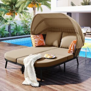 merax 74.8" l outdoor daybed with retractable canopy mattress included, patio rattan back loveseat sofa, day bed throw pillows and cushions set for backyard, poolside, garden, brown