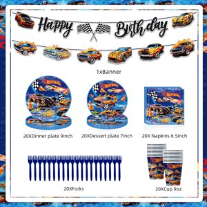 102pcs Hot Birthday Decorations Tableware Racing Car Theme Party Supplies Set Include Happy Birthday Banner, 9 Inches Plates, 7 Inches Plates, Napkins, Cups, Fork and Tablecloth for Serve 20