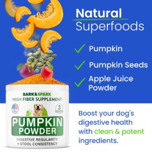 BARK&SPARK Pumpkin for Dogs - Pumpkin Fruit and Seed Powder - Powdered Fiber Supplement and Stool Softener - Improve Digestion - Made in USA - 8oz