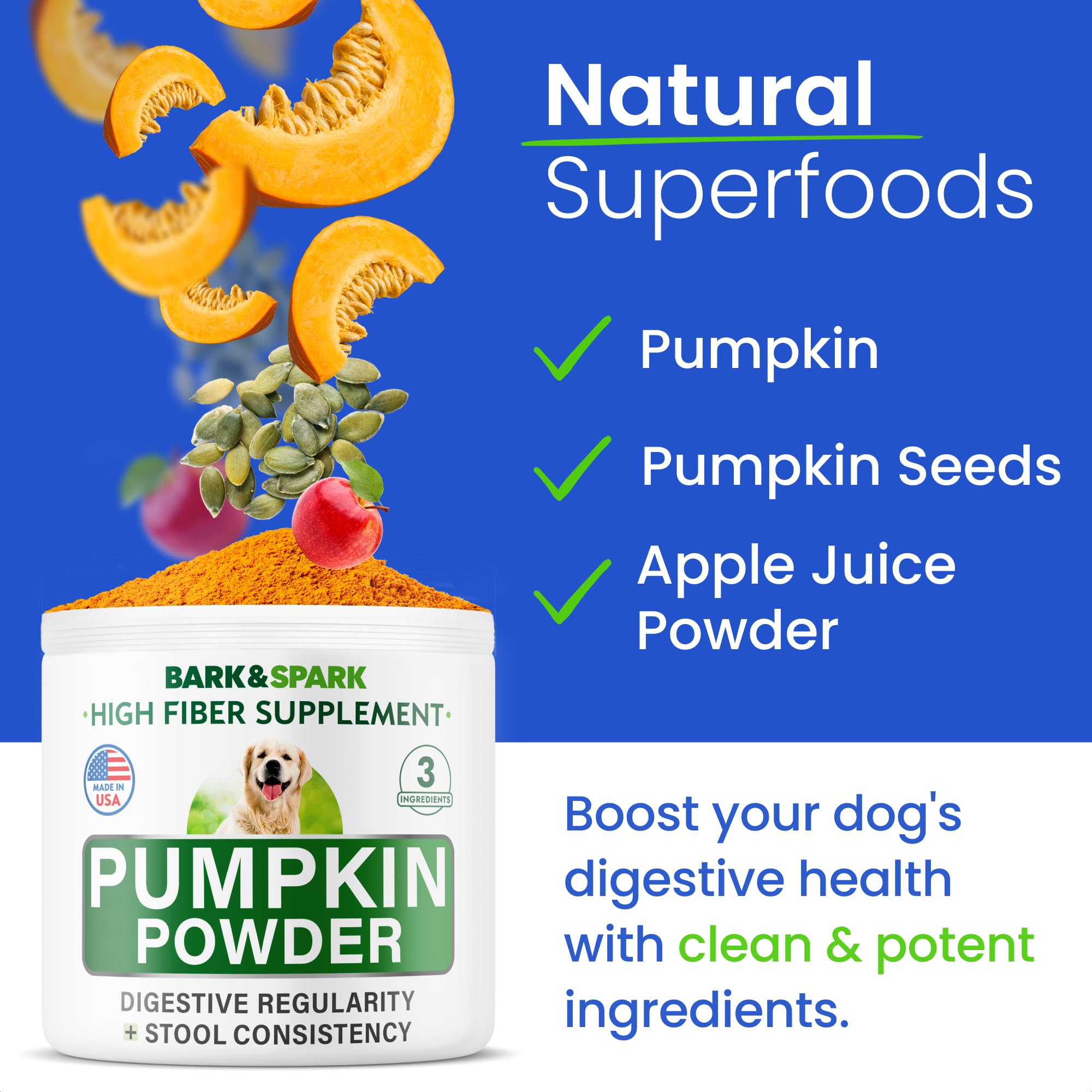 BARK&SPARK Pumpkin for Dogs - Pumpkin Fruit and Seed Powder - Powdered Fiber Supplement and Stool Softener - Improve Digestion - Made in USA - 8oz