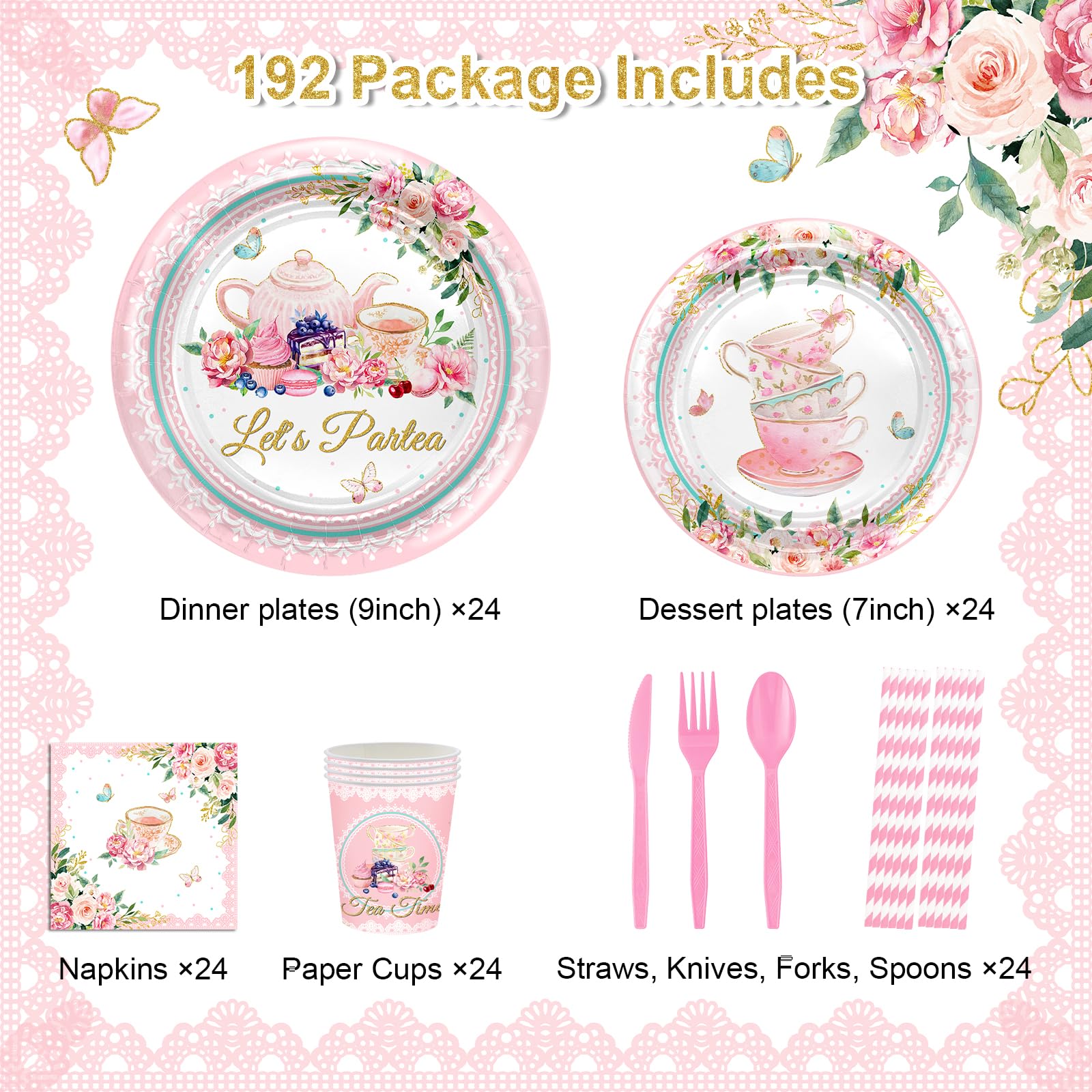 Avezano 192 Pcs Tea Party Decorations Tea Party Plates and Napkins Sets Floral Lets Partea Tableware Tea Party Supplies for Baby Shower Bridal Shower Wedding Birthday Decor Serves 24 Guests