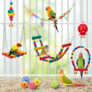 Sonwyoung 12 Pcs Parrot Swing Toys and Wooden Bird Perches Platform with Climbing Ladder Colorful Chewing Standing Hanging Parakeet Toy Bird Cage Accessories for Budgerigar Cockatiel Conure Love Birds