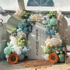 Sage Green Balloon Garland Arch Kit, 156pcs Avocado Green White Sand Gold Dusty Blue Balloons for Baby Shower Boho Bridal Shower Birthday Communion Party Wedding Decorations