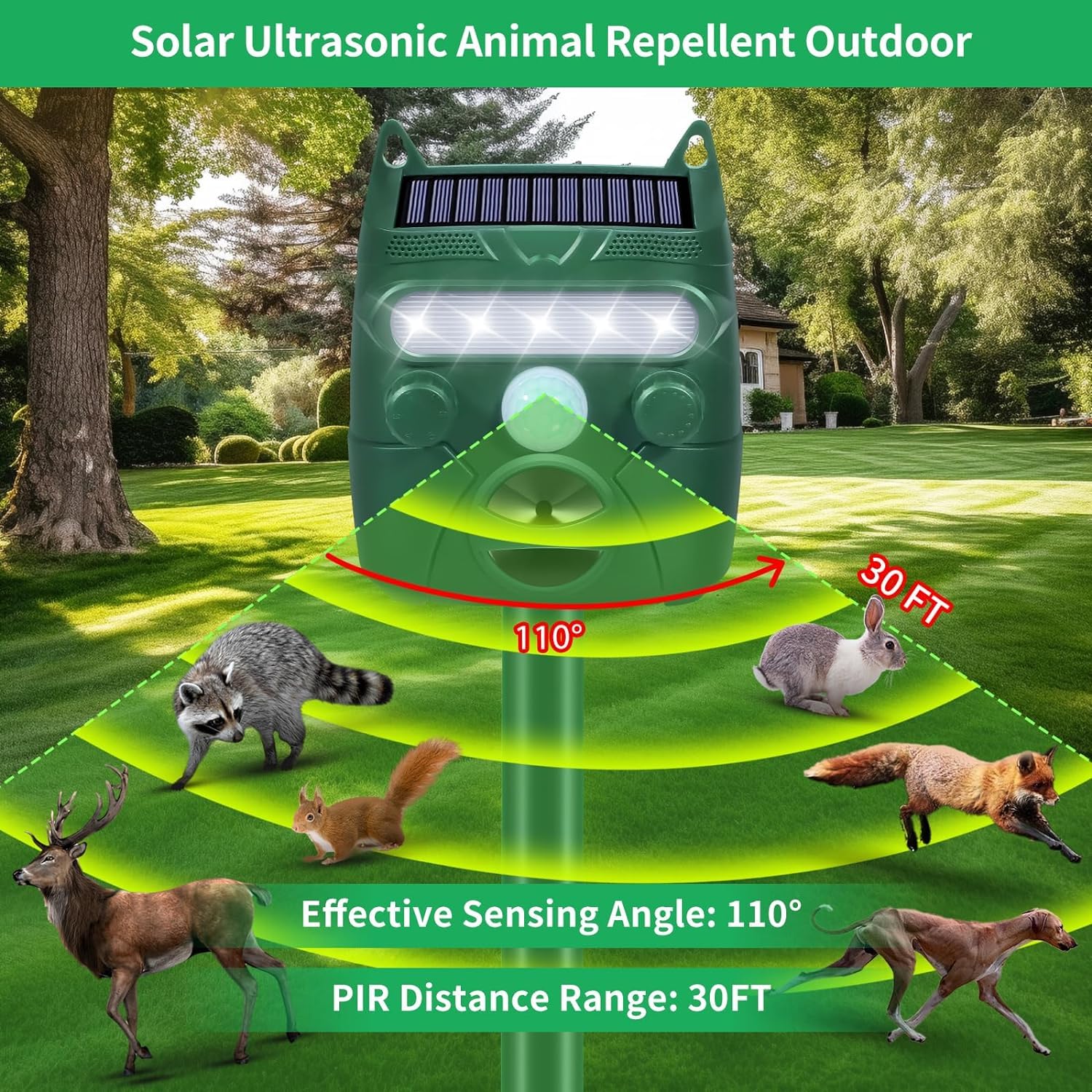 2 Pcs Solar Ultrasonic Animal Repellent 2024 Deer Repellent Devices with Flash Light Motion Sensor Alarm for Cat Squirrel Dog Raccoon Skunk Deer Rabbit, Safe Cat Deterrent Outdoor for Lawn Yard