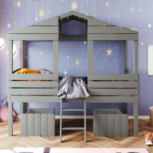 Bellemave House Twin Bed for Kids, Low Loft Bed with 2 Storage Drawers, Twin Size Low Loft House Bed with Roof and Windows, Playhouse Bed for Boys Girls, No Box Spring Needed (Gray)