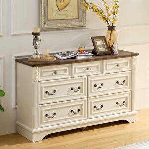 BLANKSPACE Rustic White Dresser for Bedroom,7 Drawers Dresser, Farmhouse Dresser for Living Room,7 Chest of Drawers with Thickened Wood Carving for Closet,Hallway