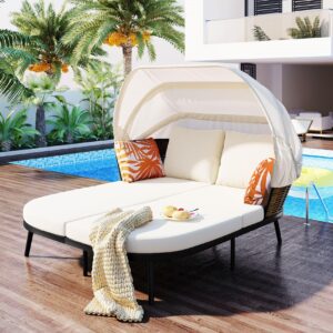 merax 74.8" l outdoor daybed with retractable canopy mattress included, patio rattan back loveseat sofa, day bed throw pillows and cushions set for backyard, poolside, garden, beige