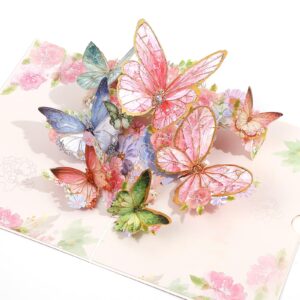 guagua colorful butterfly birthday card, 3d greeting pop up card with envelopes for any occasion, birthday valentines day thank you foldable dazzle butterfly greeting card for girls women friends gift