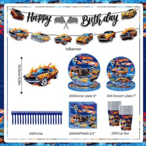 102pcs Hot Birthday Decorations Tableware Racing Car Theme Party Supplies Set Include Happy Birthday Banner, 9 Inches Plates, 7 Inches Plates, Napkins, Cups, Fork and Tablecloth for Serve 20