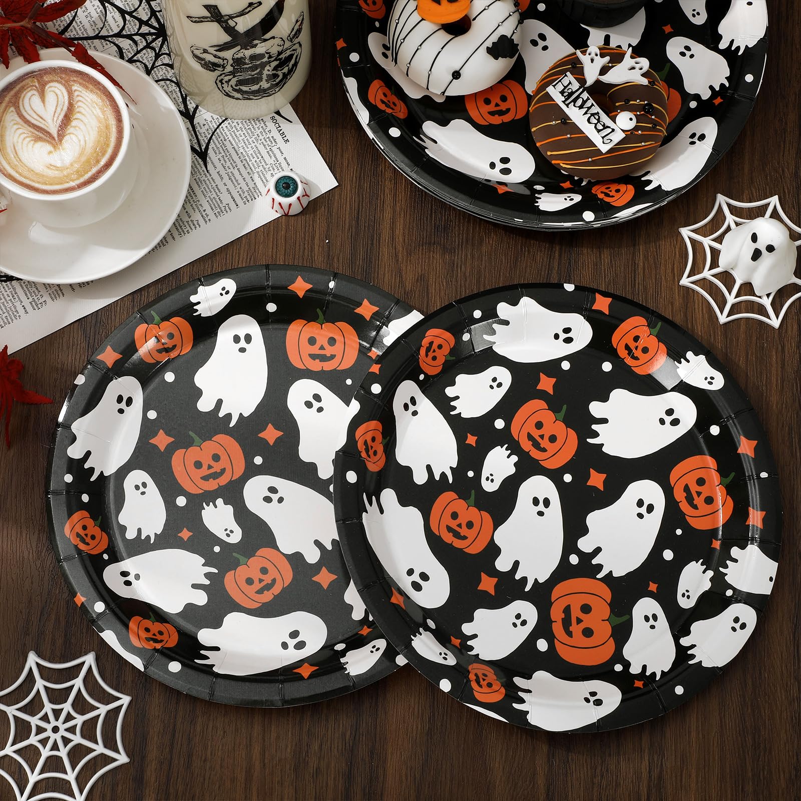 Generic AnyDesign 24Pcs Halloween Paper Plates Cute Ghost Pumpkin Disposable Plates 9 Inch Black Decorative Dinner Dessert Plates for Party Tableware Supplies