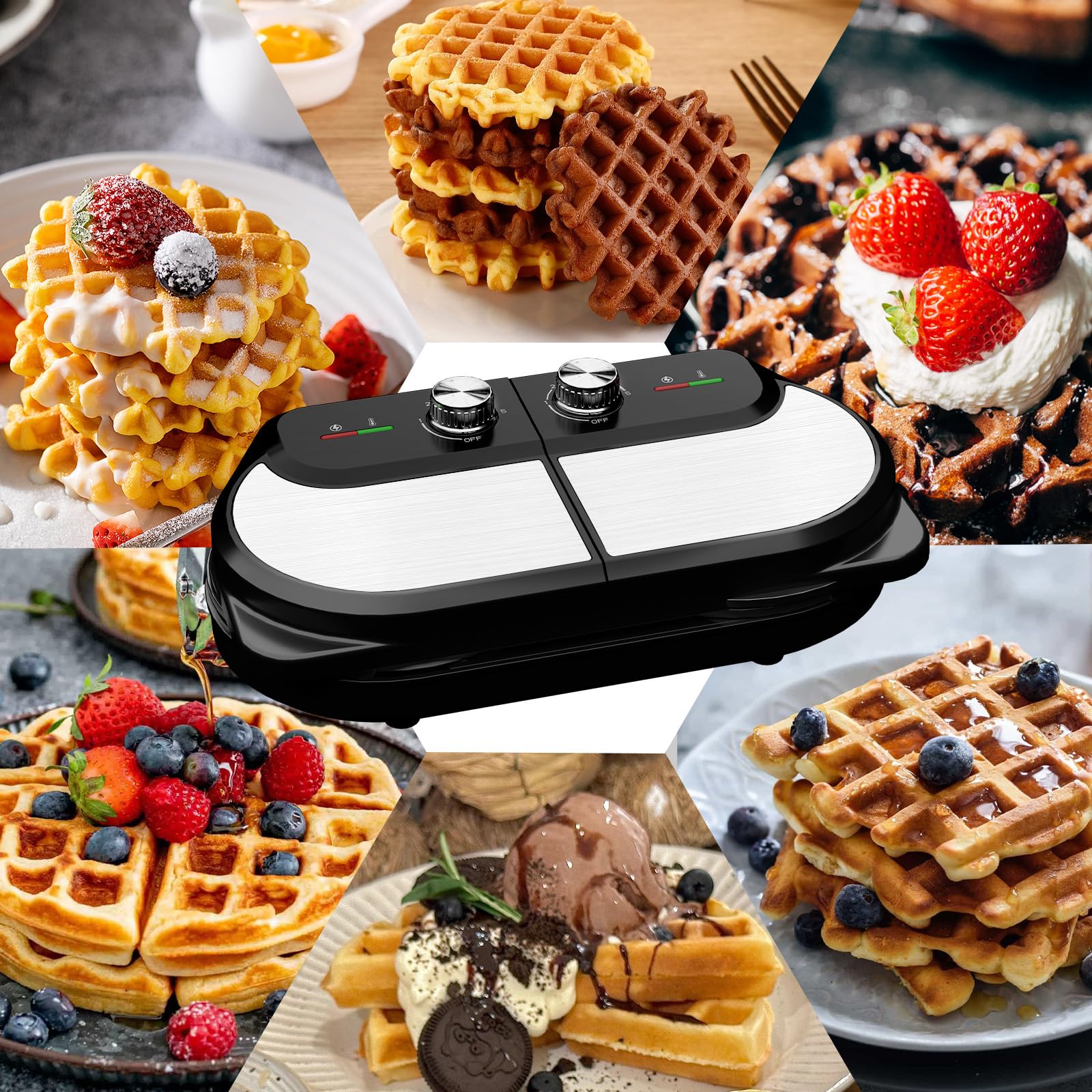 YASHE Double Waffle Maker 6 Inch, 1400W Belgian Waffle Maker for Breakfast and Snacks, Stainless Steel Waffle Iron with Nonstick Plates, Temperature Knob, Cool-Touch Handles