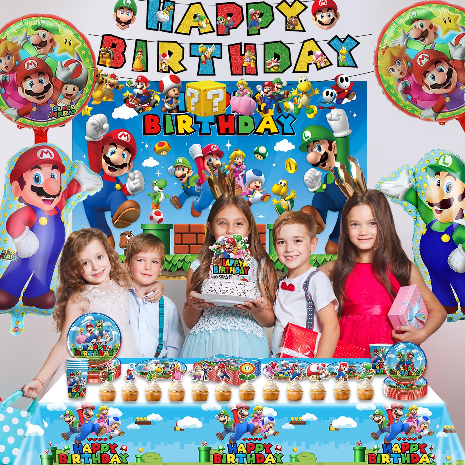 Cartoon Birthday Party Supplies Decorations Cartoon Game Backdrop Banner Cake Topper Balloons Cartoon Party Table Cloth Plates Cups etc Cartoon Game Birthday Party Supplies