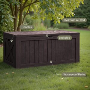 Flamaker Resin Deck Box 120 Gallon Waterproof Large Deck Boxes Plus Outdoor Indoor Storage Box Imitation Wood Resin for Patio Furniture Garden Tools and Pool (Deep Brown)