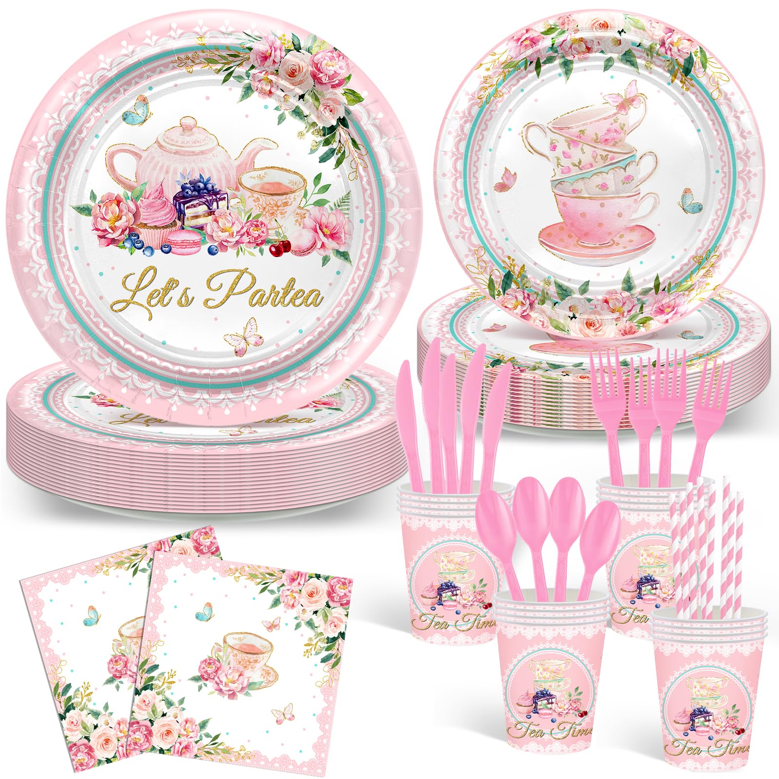 Avezano 192 Pcs Tea Party Decorations Tea Party Plates and Napkins Sets Floral Lets Partea Tableware Tea Party Supplies for Baby Shower Bridal Shower Wedding Birthday Decor Serves 24 Guests