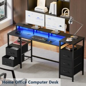 Korfile Computer Desk with Power Outlets & LED Lights, Reversible Gaming Desk with 5 Fabric Drawers for Bedroom, 55 Inch Home Office Desk with Monitor Stand & Storage Shelves for Working, Black