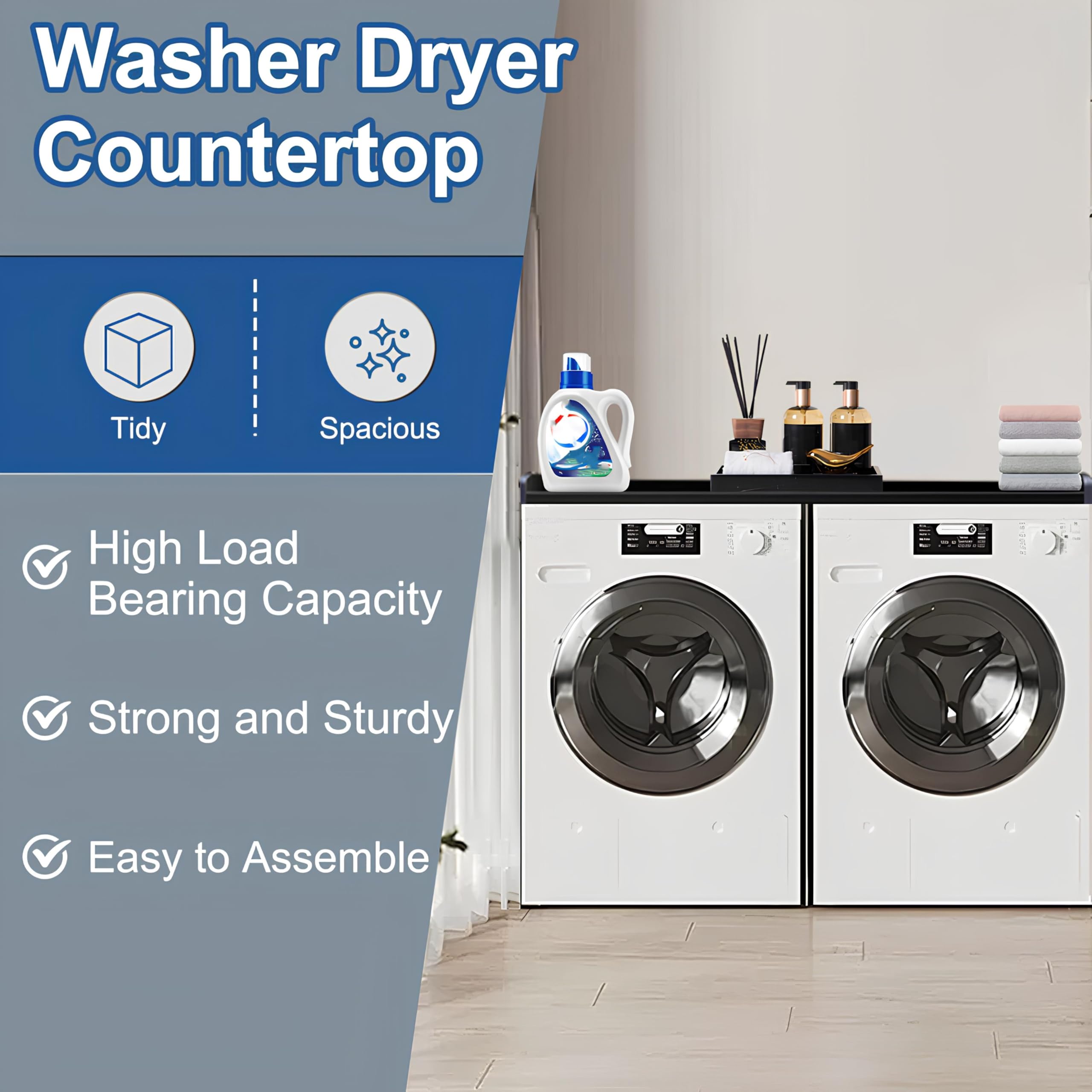 Washer Dryer Countertop, Laundry Countertop, Laundry Countertop Over Washer and Dryer, 27.5" Depth x 54" Width with Edge Rails for Laundry Room Storage and Organization -Black