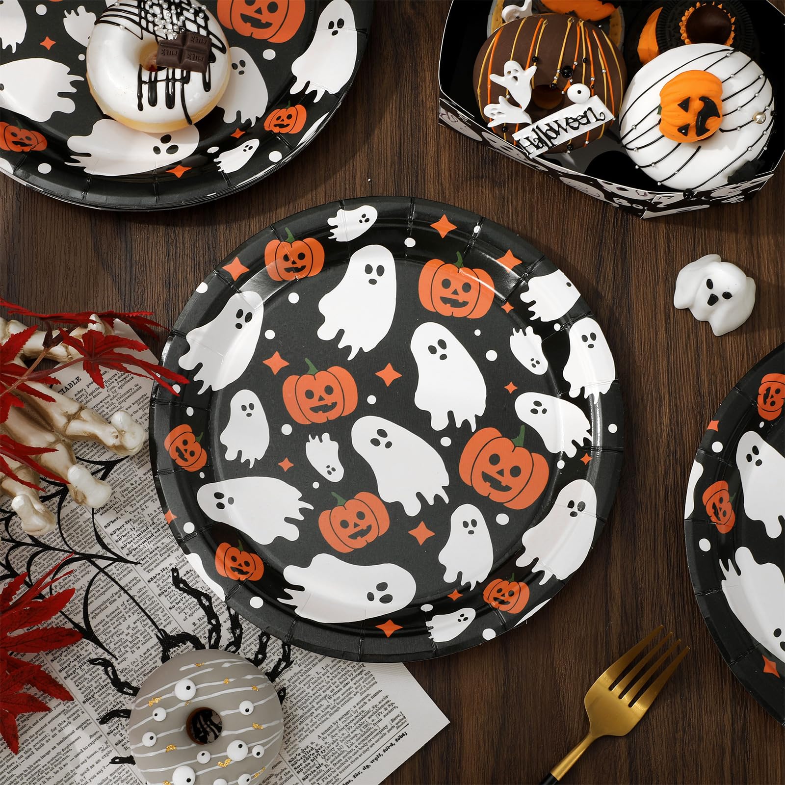 Generic AnyDesign 24Pcs Halloween Paper Plates Cute Ghost Pumpkin Disposable Plates 9 Inch Black Decorative Dinner Dessert Plates for Party Tableware Supplies