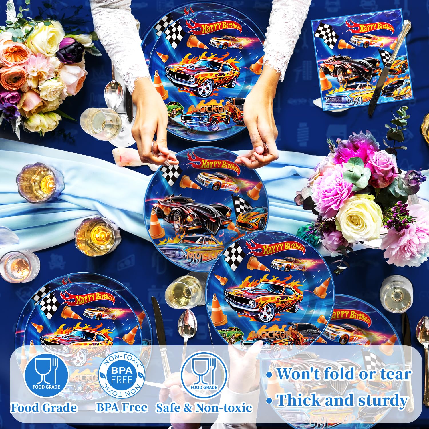 102pcs Hot Birthday Decorations Tableware Racing Car Theme Party Supplies Set Include Happy Birthday Banner, 9 Inches Plates, 7 Inches Plates, Napkins, Cups, Fork and Tablecloth for Serve 20