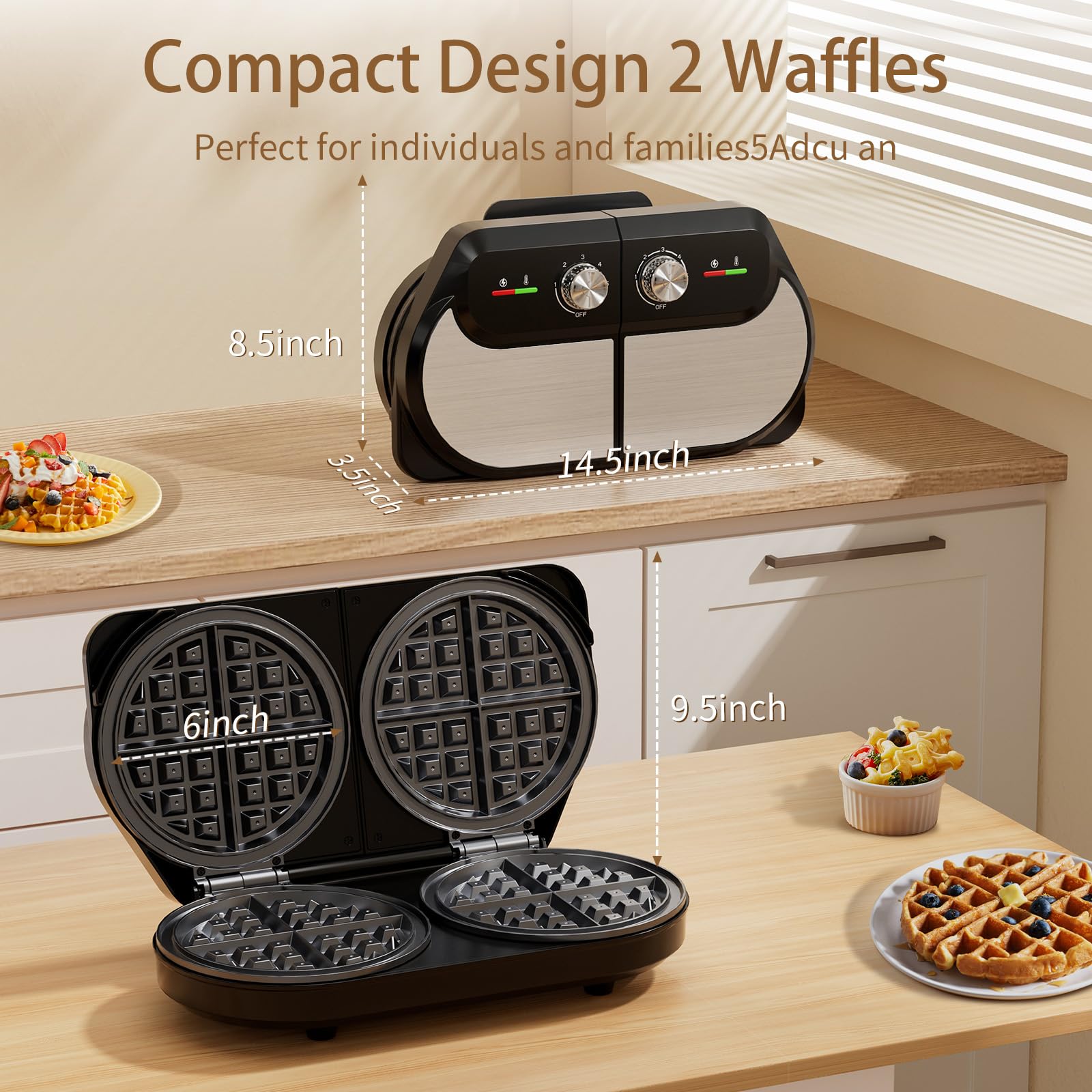 YASHE Double Waffle Maker 6 Inch, 1400W Belgian Waffle Maker for Breakfast and Snacks, Stainless Steel Waffle Iron with Nonstick Plates, Temperature Knob, Cool-Touch Handles