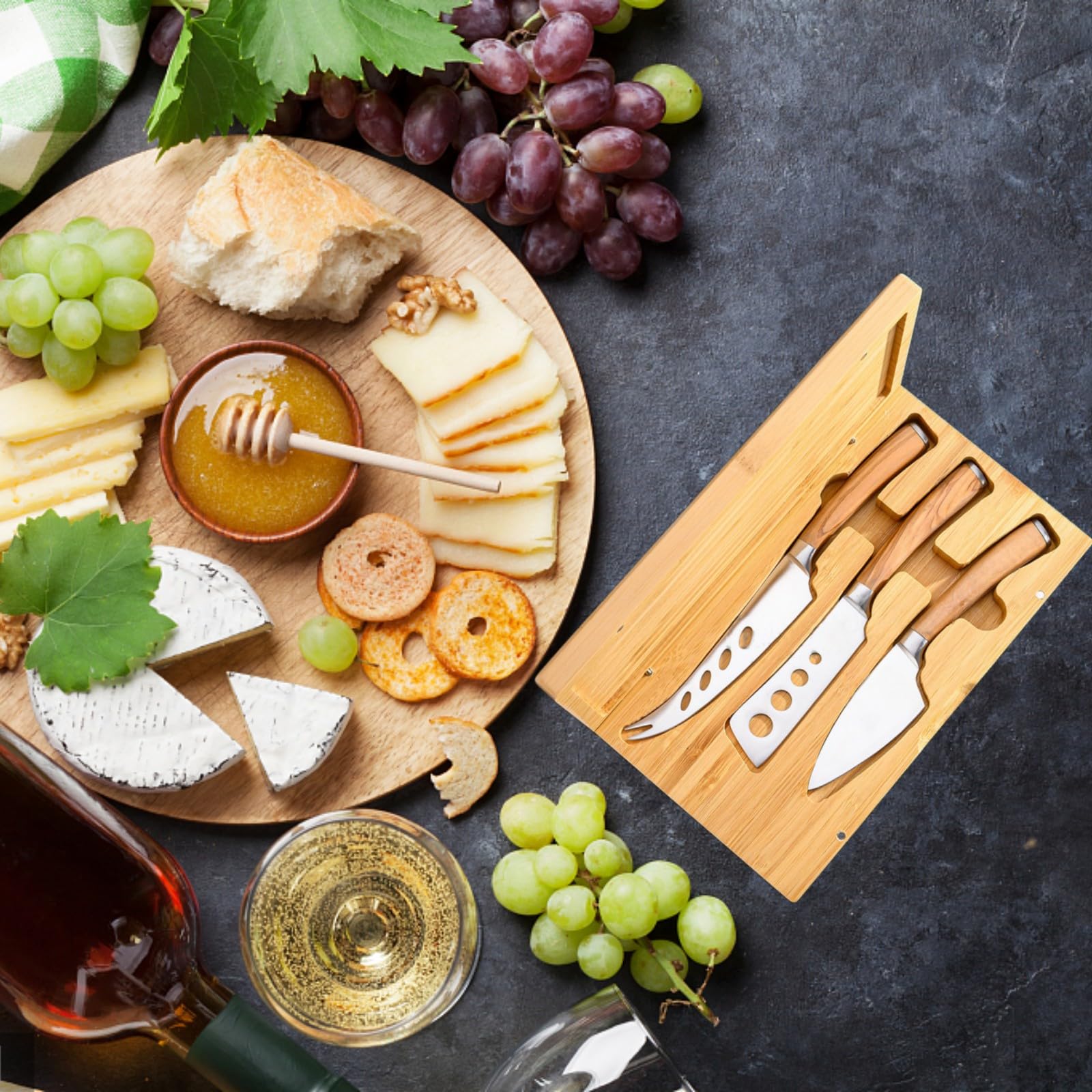 3 Piece Cheese Knife Set with Bamboo Box for Charcuterie Board, Olive Wood Stainless Steel Cheese Knives, Perfect for Hard and Soft Cheese Slicer and Cutter, Gift Set