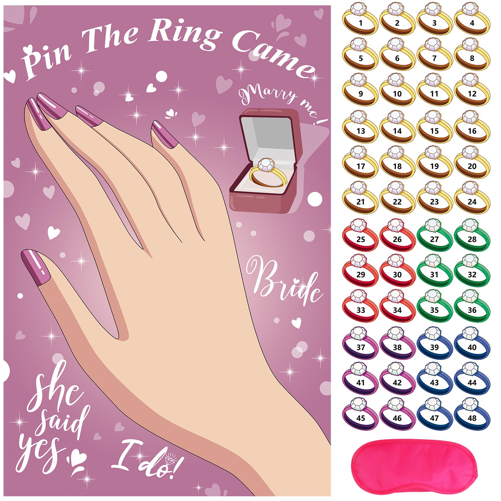 Pin The Ring on The Bride Game Bridal Shower Games, Large Bridal Games Poster with 48 Stickers for Wedding Shower Bachelorette Party Games Girls Night Engagement Bachelorette Party Decorations