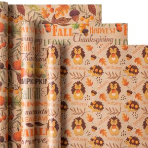 WRAPAHOLIC Kraft Fall Wrapping Paper - Mini Roll - 3 Rolls - 17 Inch x 120 Inch - Pumpkin, Hedgehog and Thanksgiving Lettering Design for Thanksgiving, Autumn, Party, Holiday