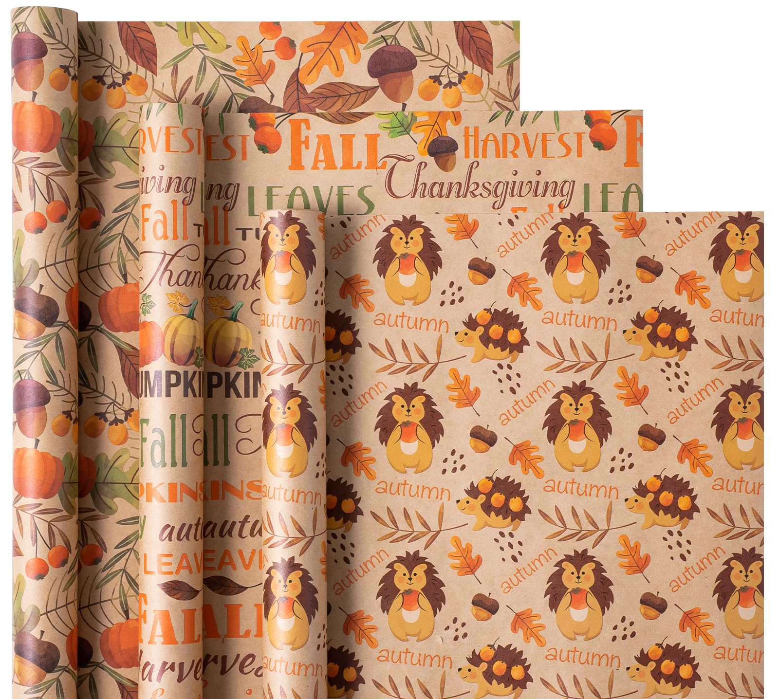 WRAPAHOLIC Kraft Fall Wrapping Paper - Mini Roll - 3 Rolls - 17 Inch x 120 Inch - Pumpkin, Hedgehog and Thanksgiving Lettering Design for Thanksgiving, Autumn, Party, Holiday