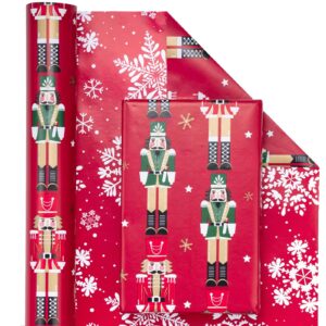 WRAPAHOLIC Reversible Nutcracker Christmas Wrapping Paper - Mini Roll - 17 Inch x 33 Feet - Red Nutcracker and Snowflake Design for Christmas, Holiday, Party Celebration