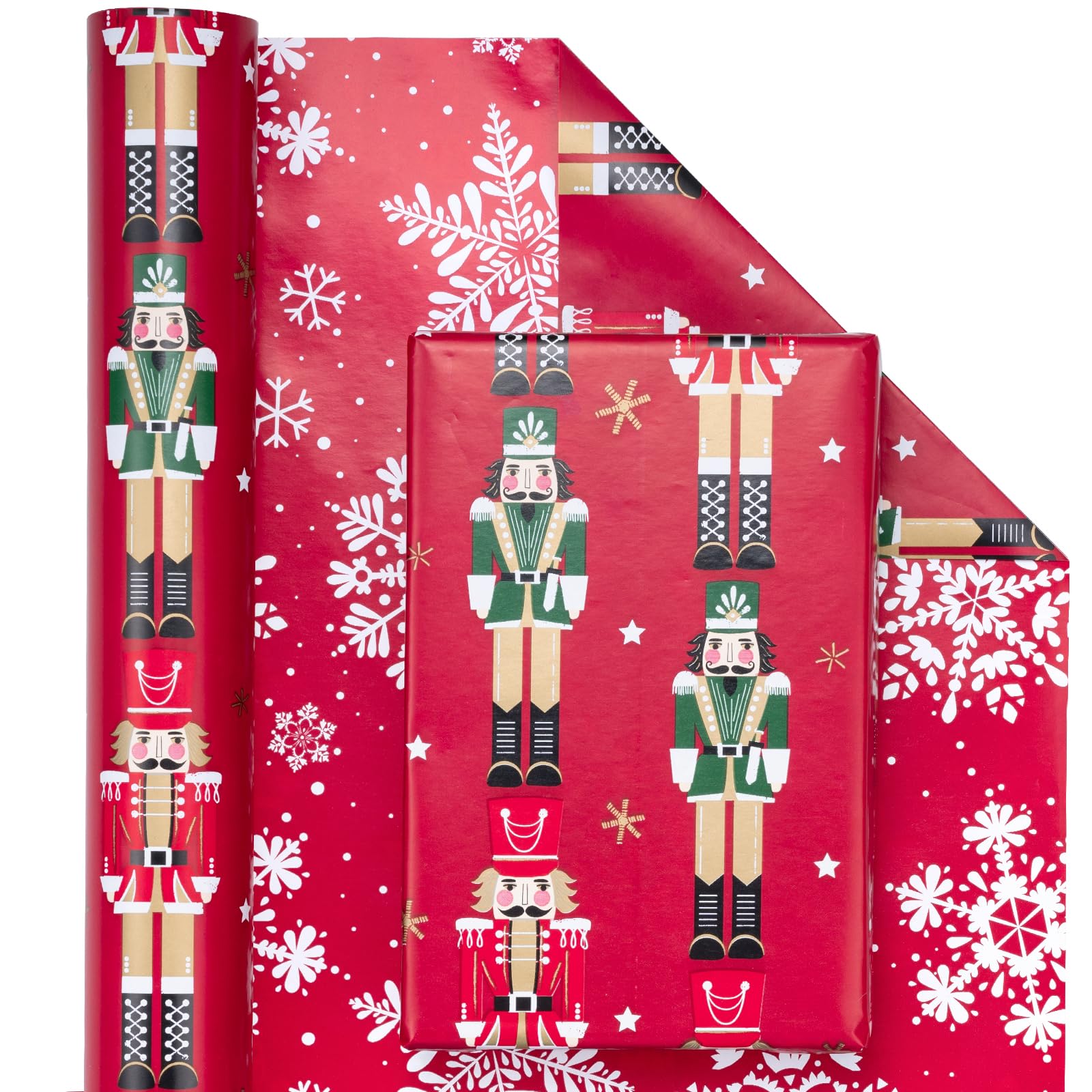 WRAPAHOLIC Reversible Nutcracker Christmas Wrapping Paper - Mini Roll - 17 Inch x 33 Feet - Red Nutcracker and Snowflake Design for Christmas, Holiday, Party Celebration