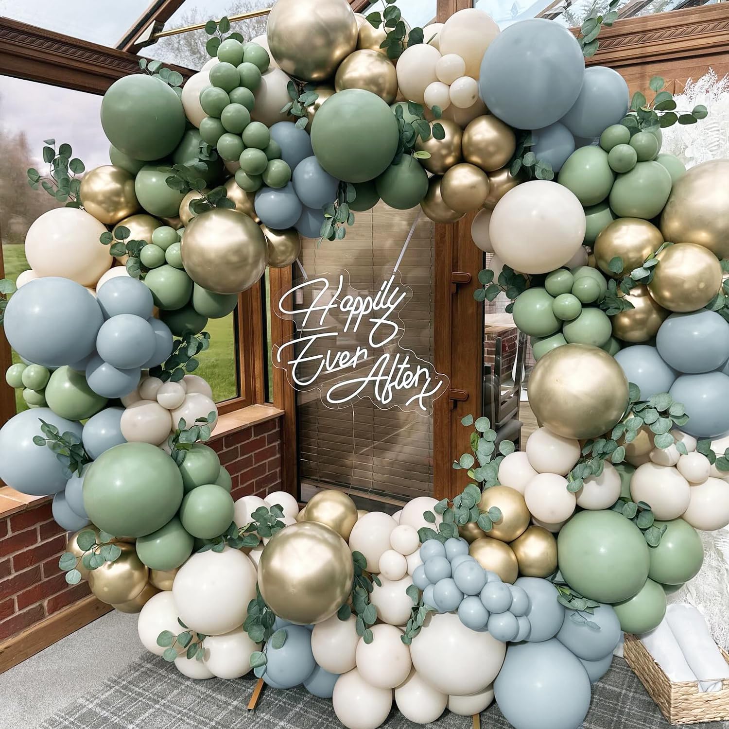 Sage Green Balloon Garland Arch Kit, 156pcs Avocado Green White Sand Gold Dusty Blue Balloons for Baby Shower Boho Bridal Shower Birthday Communion Party Wedding Decorations