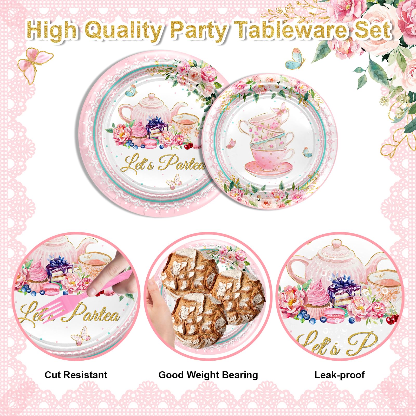 Avezano 192 Pcs Tea Party Decorations Tea Party Plates and Napkins Sets Floral Lets Partea Tableware Tea Party Supplies for Baby Shower Bridal Shower Wedding Birthday Decor Serves 24 Guests