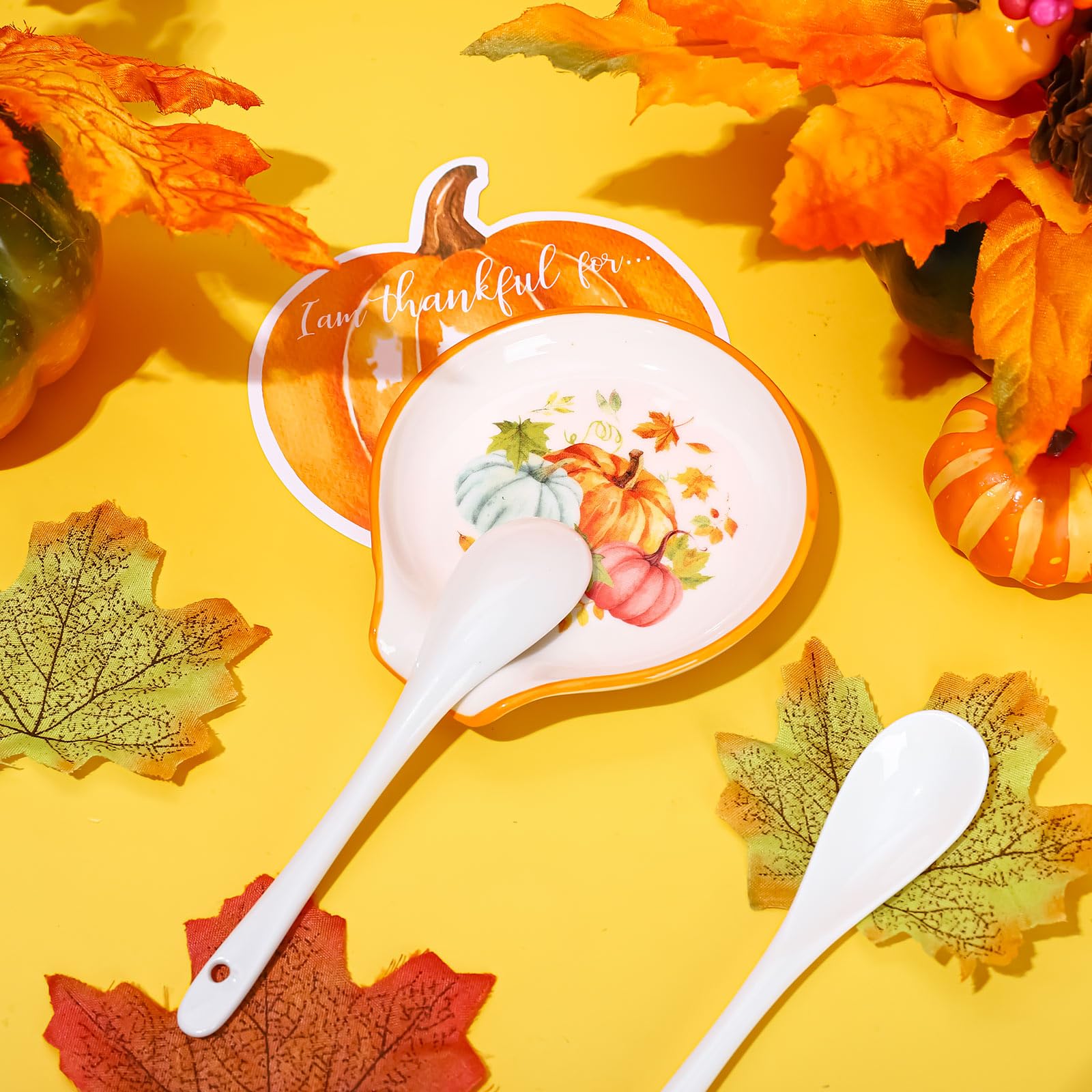 JarThenaAMCS 3.9 Inch Fall Mini Ceramic Spoon Rests Autumn Thanksgiving Pumpkin Maple Leaf Small Coffee Spoon Holder for Coffee Stirrers Teaspoon Bar Spoon Coffee Bar Accessories Coffee Station