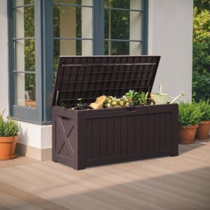 Flamaker Resin Deck Box 120 Gallon Waterproof Large Deck Boxes Plus Outdoor Indoor Storage Box Imitation Wood Resin for Patio Furniture Garden Tools and Pool (Deep Brown)