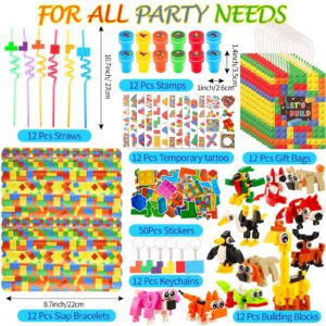 LiYiQ 134 Pcs Building Blocks Party Favors with Reusable Drinking Straws Animal Building Blocks Slap Bracelets Keychains Stamps Stickers and Gift Bags for Kids Gamer Birthday Party Supplies (Building)