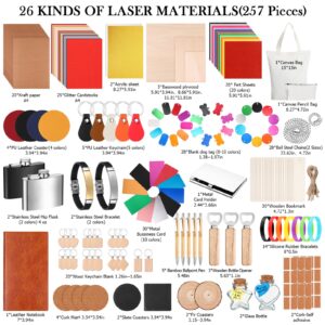 Dunzoom 257 Pcs Laser Material Kit Laser Engraving Materials Including Acrylic, Metal, Wood, Fabric, PU Leather, Glass, Rock, Rubber Materials for Laser Engravers and Laser Cutters